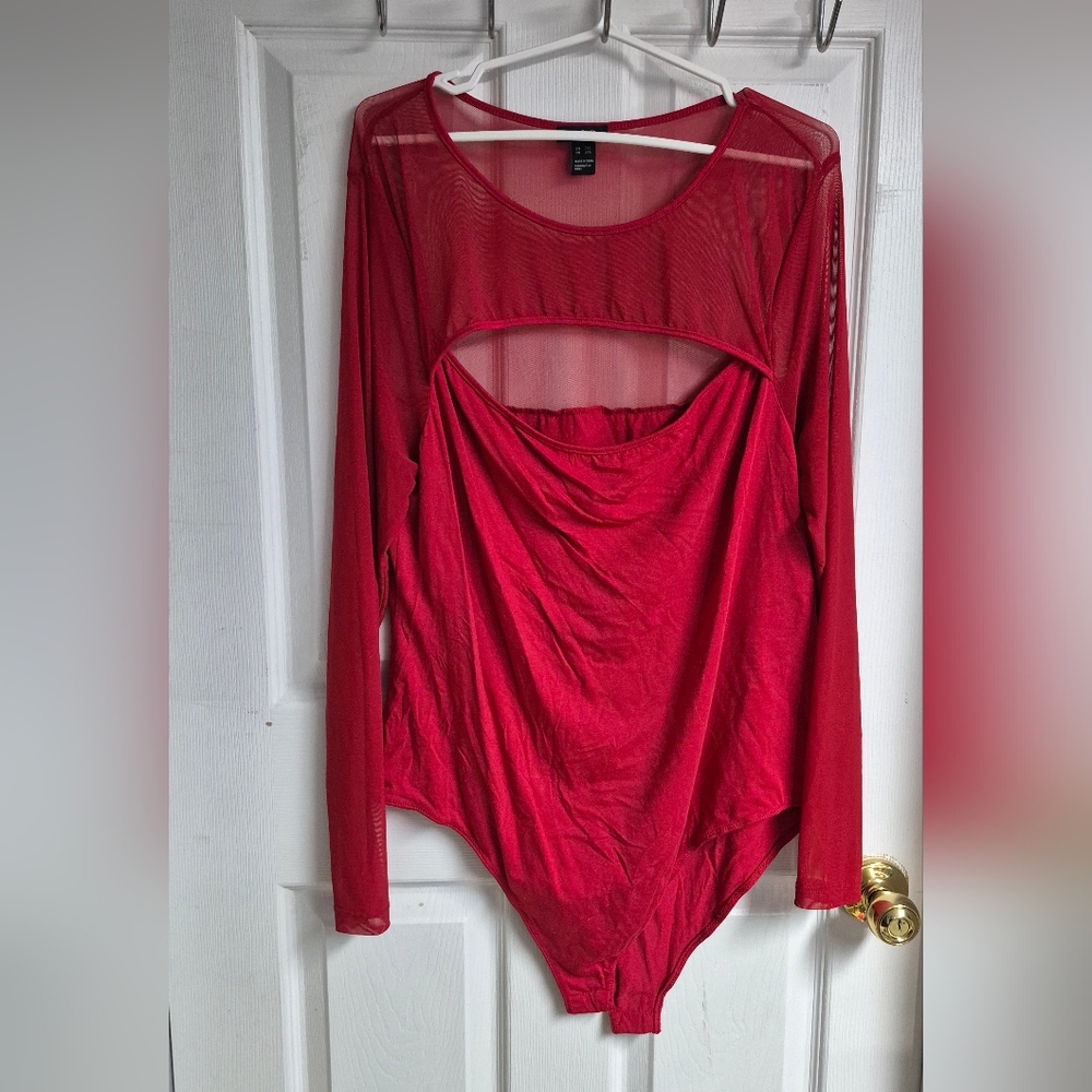 H&M Deep Red Mesh Cutout Long-Sleeve Bodysuit